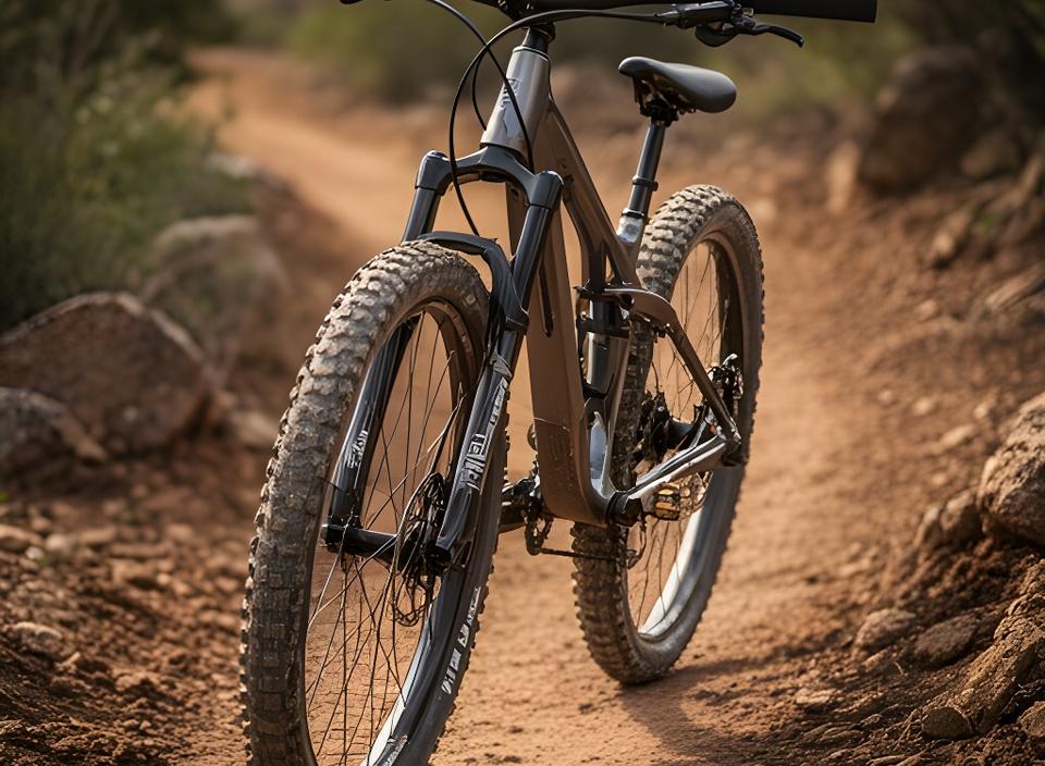 Bicicleta de montanha em trilho de terra com detalhe do quadro e pneus largos
