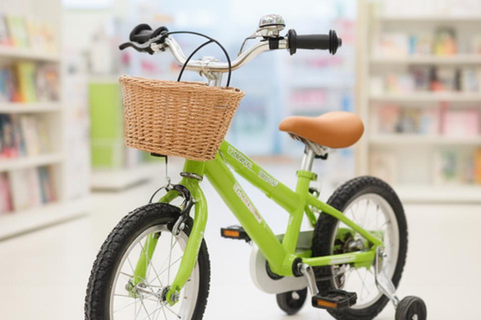 Bicicleta infantil de 20 polegadas com cestinha e sininho num espaço claro e seguro da loja