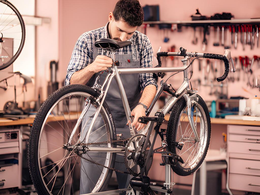 Mecânico a afinar uma bicicleta numa oficina limpa em Estômbar e Parchal