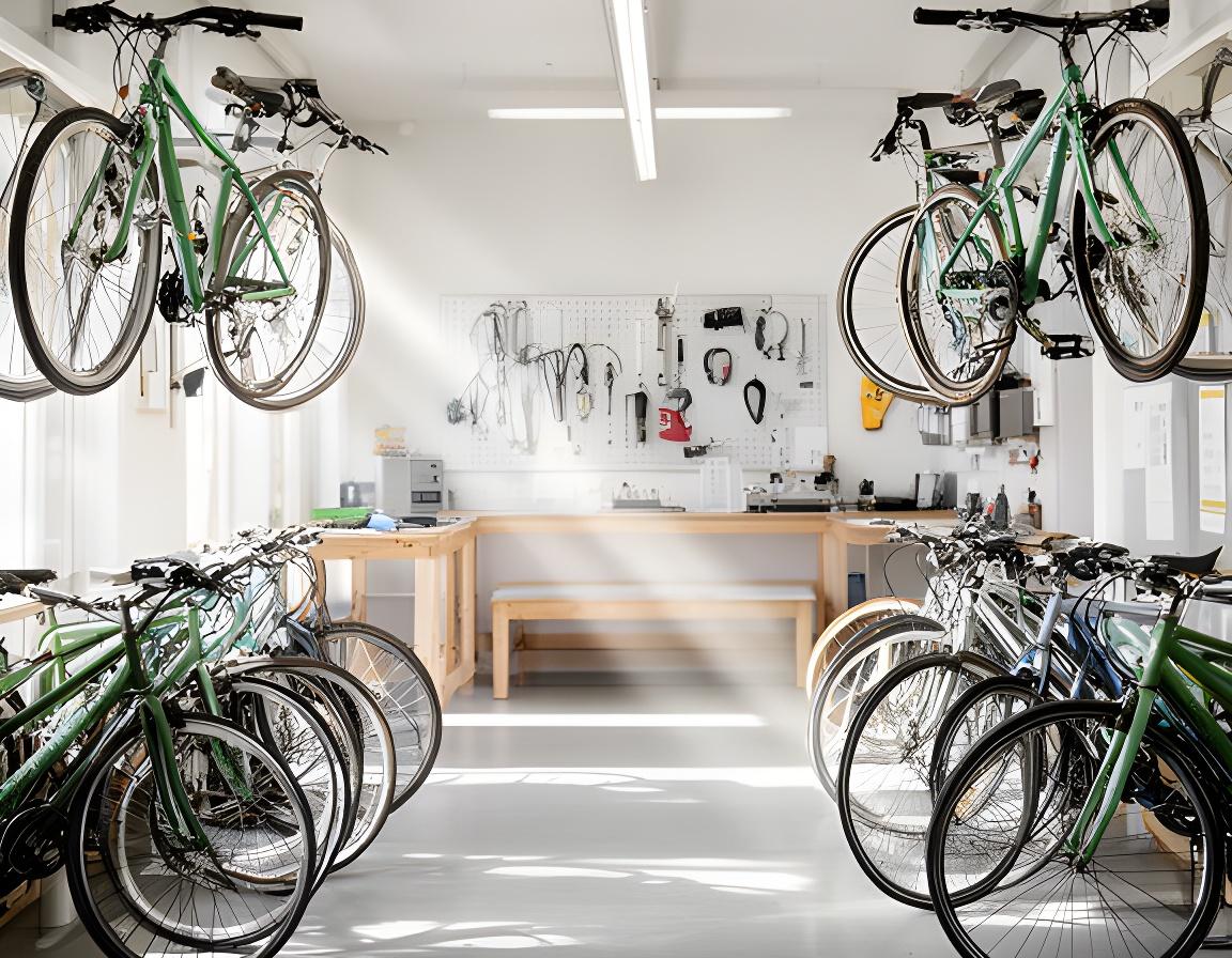 Interior de oficina de bicicletas em Estômbar e Parchal com bicicletas penduradas e luz natural