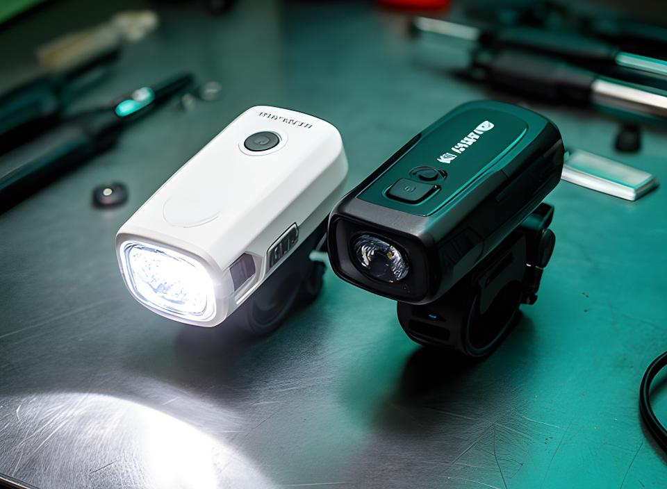 Conjunto de luzes LED dianteira e traseira montado numa bancada de oficina, com feixe forte e carregamento USB