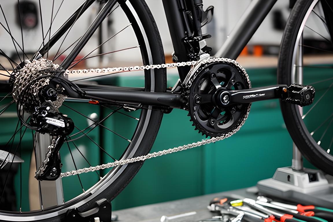 Bicicleta urbana em suporte de reparação com corrente limpa e travões afinados
