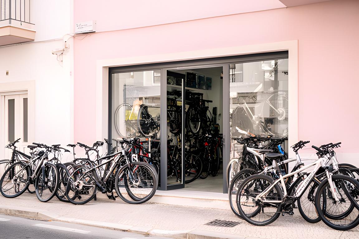 Entrada da loja com bicicletas estacionadas e rua tranquila em Estômbar e Parchal