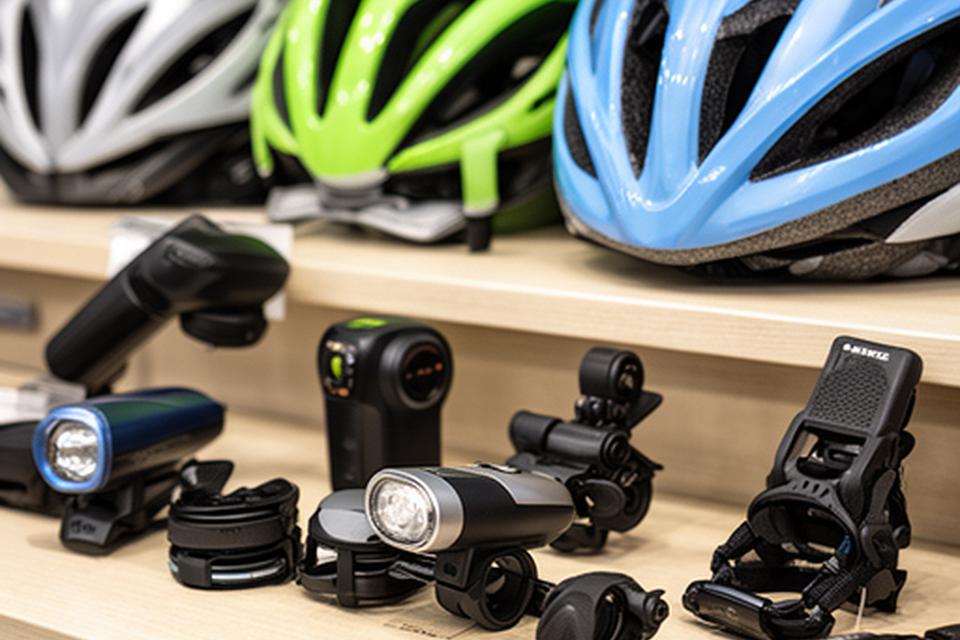 Conjunto de acessórios para bicicleta organizado numa prateleira com capacetes, luzes e bombas