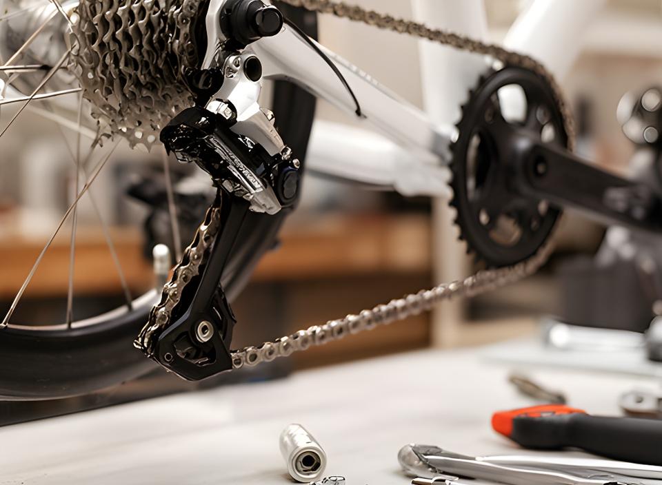 Corrente e mudanças de bicicleta afinadas numa bancada com luz natural