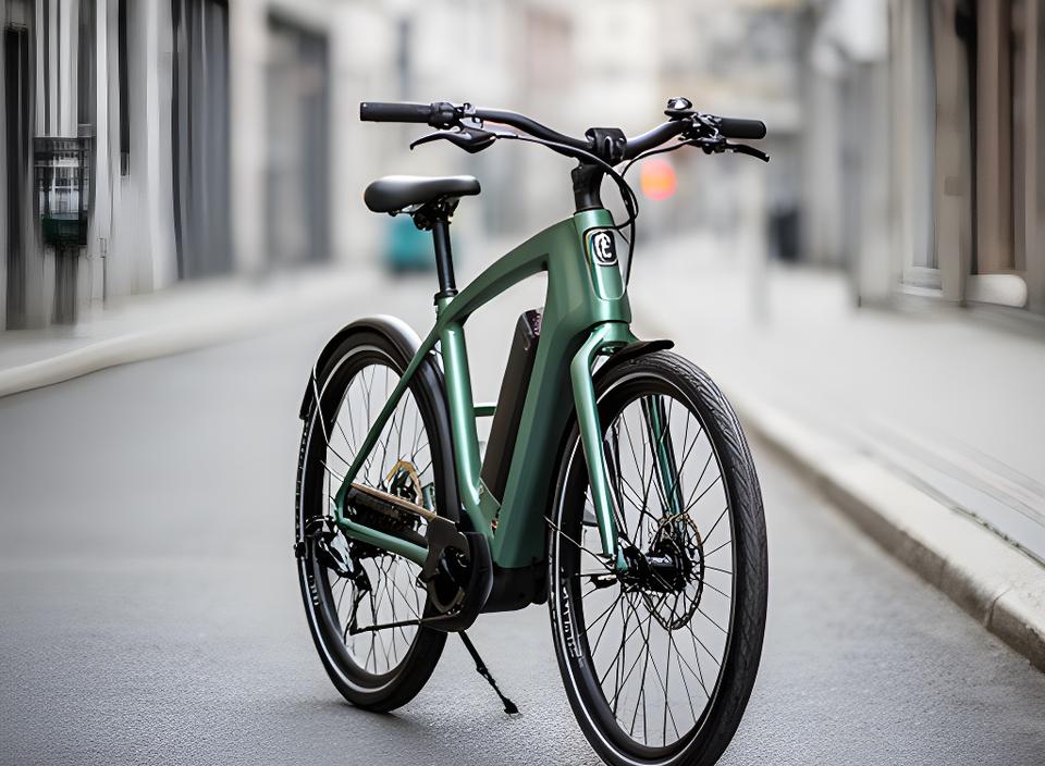 Bicicleta elétrica urbana estacionada numa rua calma com quadro elegante e bateria integrada