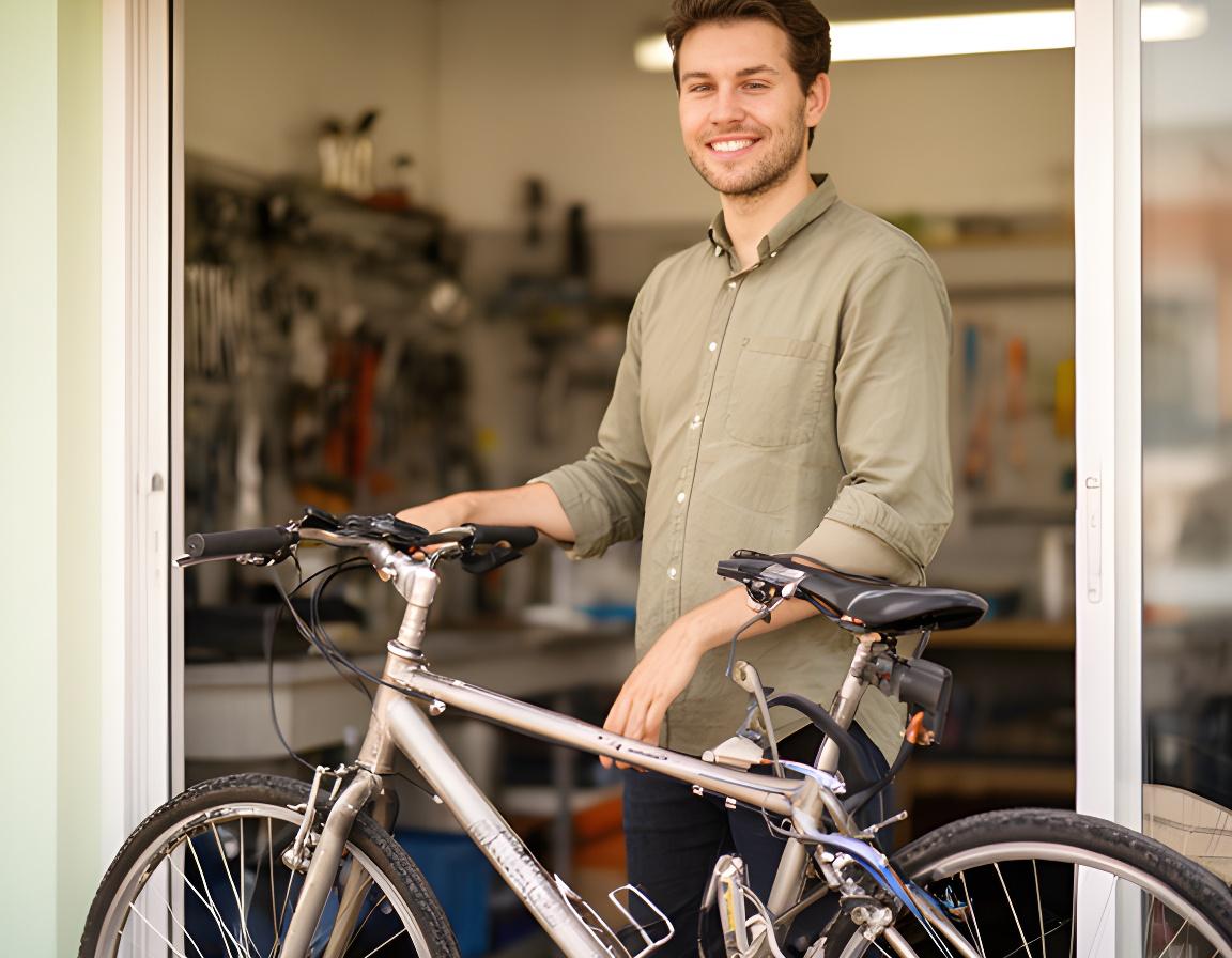 Cliente a receber uma bicicleta reparada à porta da oficina com um sorriso discreto