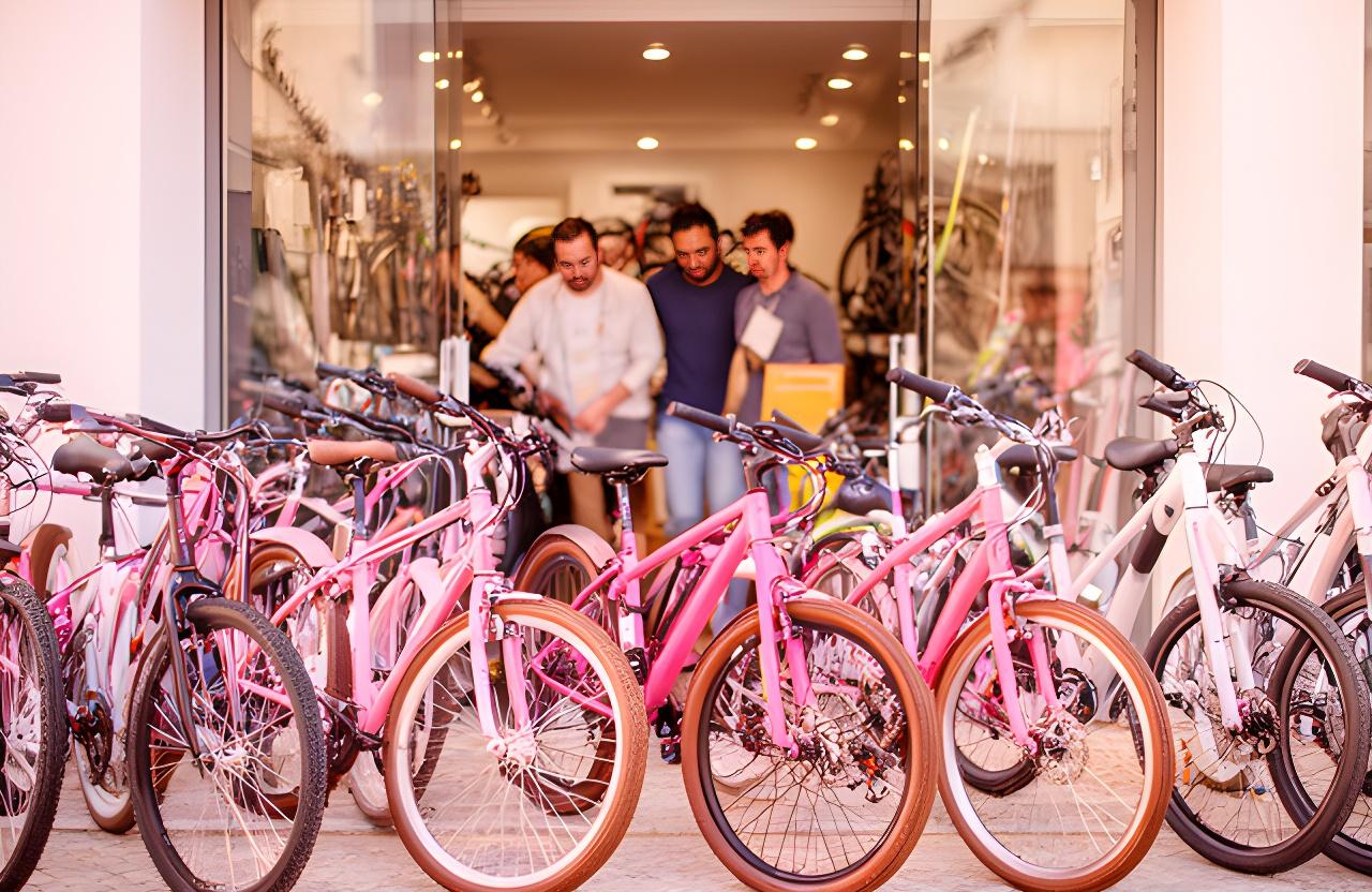Bicicletas novas alinhadas à entrada da loja em Estômbar e Parchal, com luz natural e cores vivas