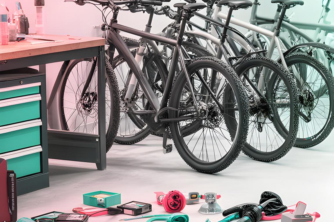 Grupo de bicicletas prontas para uso junto a uma bancada com acessórios e materiais de oficina