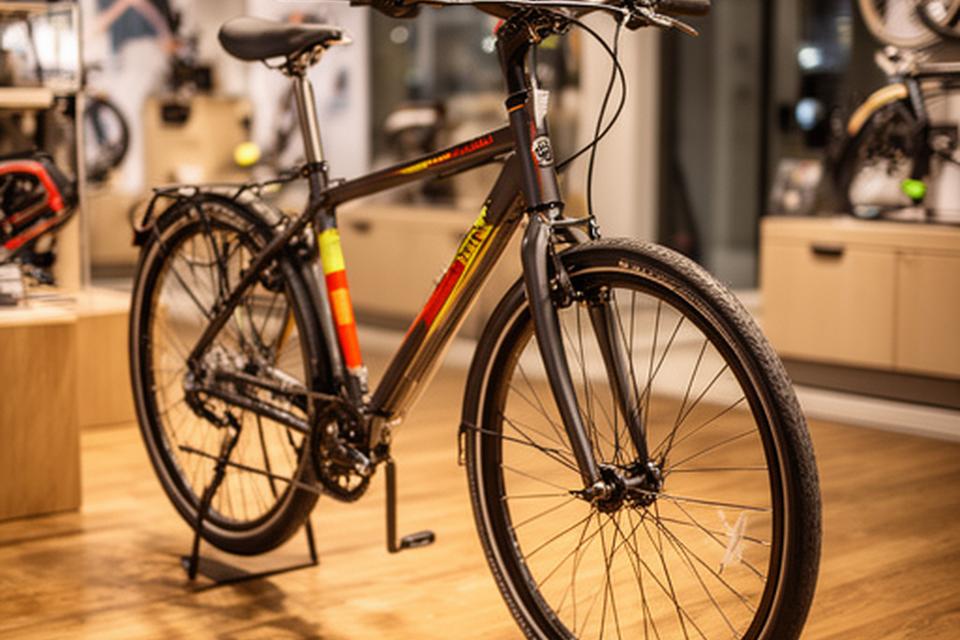 Bicicleta urbana nova exposta num espaço de venda com iluminação quente e chão em madeira