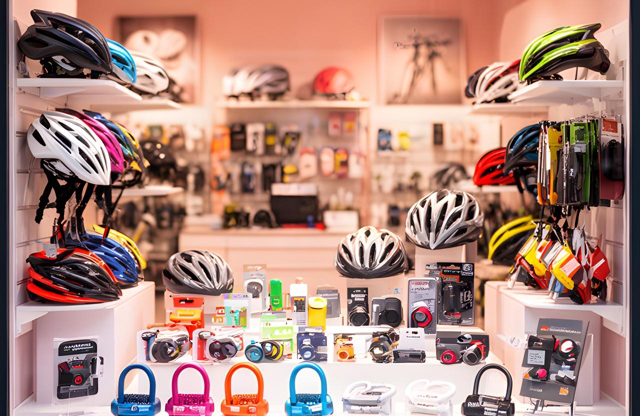Vitrine de acessórios para bicicleta numa loja luminosa em Estômbar e Parchal, com capacetes, luzes e cadeados organizados por cor