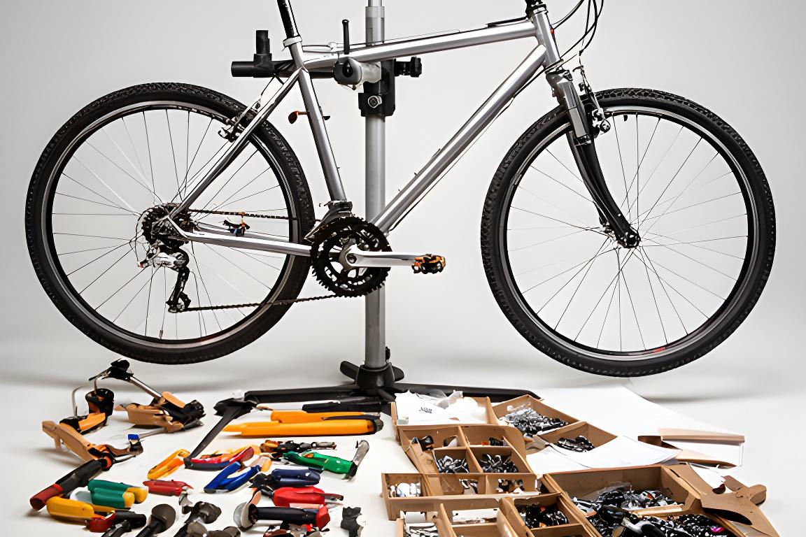 Bicicleta em suporte de reparação com ferramentas à volta e peças separadas por categoria
