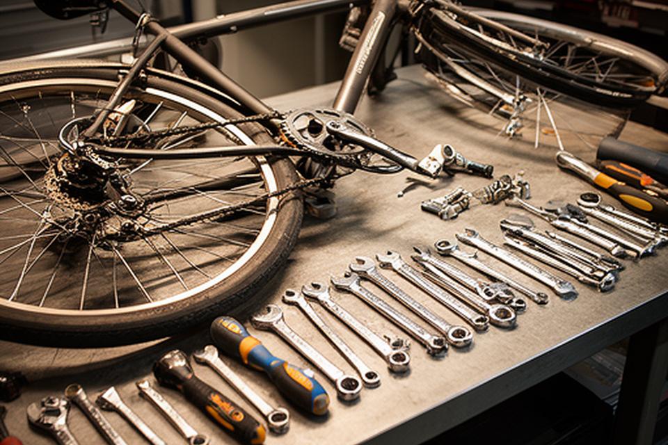 Bicicleta desmontada parcialmente sobre bancada com ferramentas de manutenção organizadas