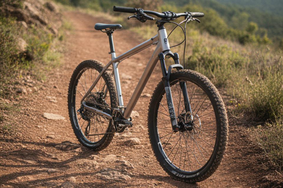 Bicicleta de montanha com quadro em alumínio num trilho de terra no Algarve