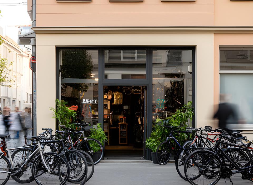 Entrada da oficina com bicicletas estacionadas e fachada numa rua de Estômbar e Parchal