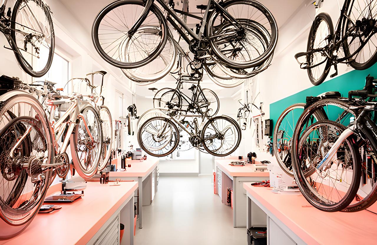 Interior de oficina com bicicletas penduradas, rodas alinhadas e bancadas de manutenção organizadas