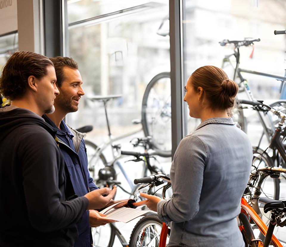 Dois clientes junto à montra de bicicletas na loja, a conversar com um técnico sobre acessórios e reparações