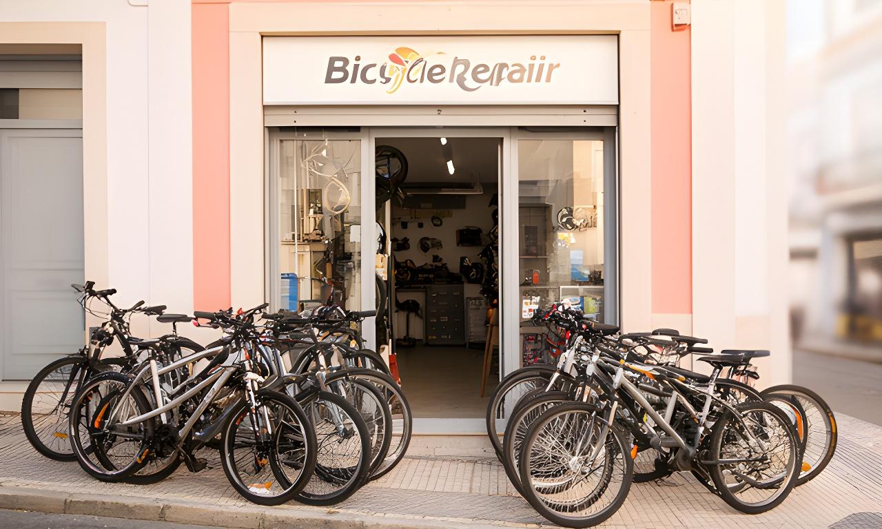 Fachada de uma oficina de bicicletas em Estômbar com várias bicicletas alinhadas à entrada