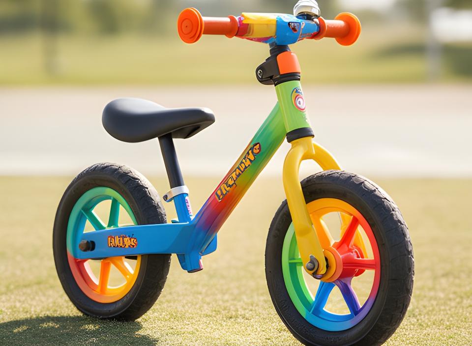 Bicicleta infantil colorida num espaço exterior seguro com selim baixo e guiador curto