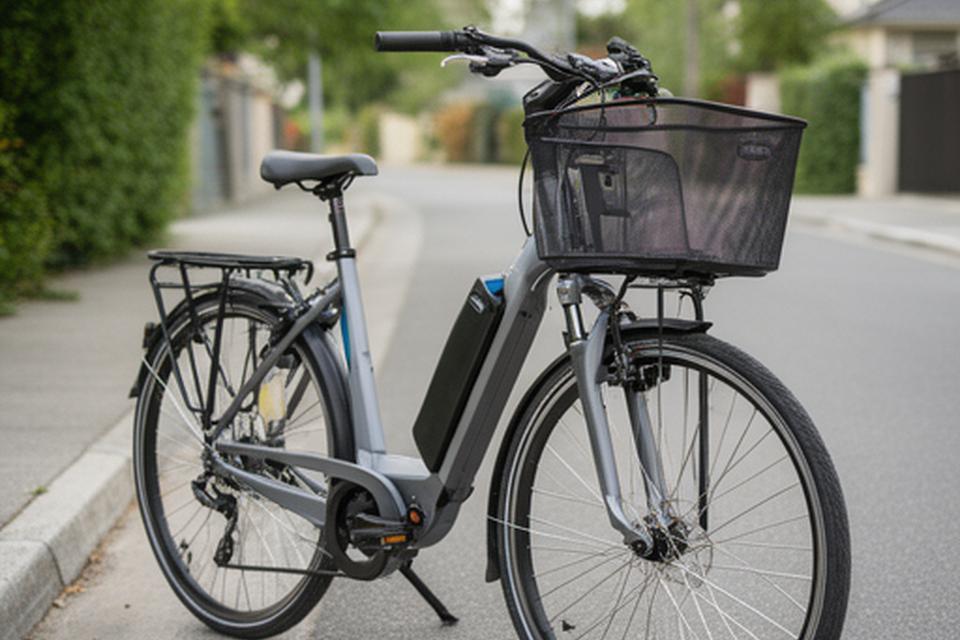 Bicicleta eléctrica urbana estacionada junto a uma rua tranquila com cesto e bateria integrada
