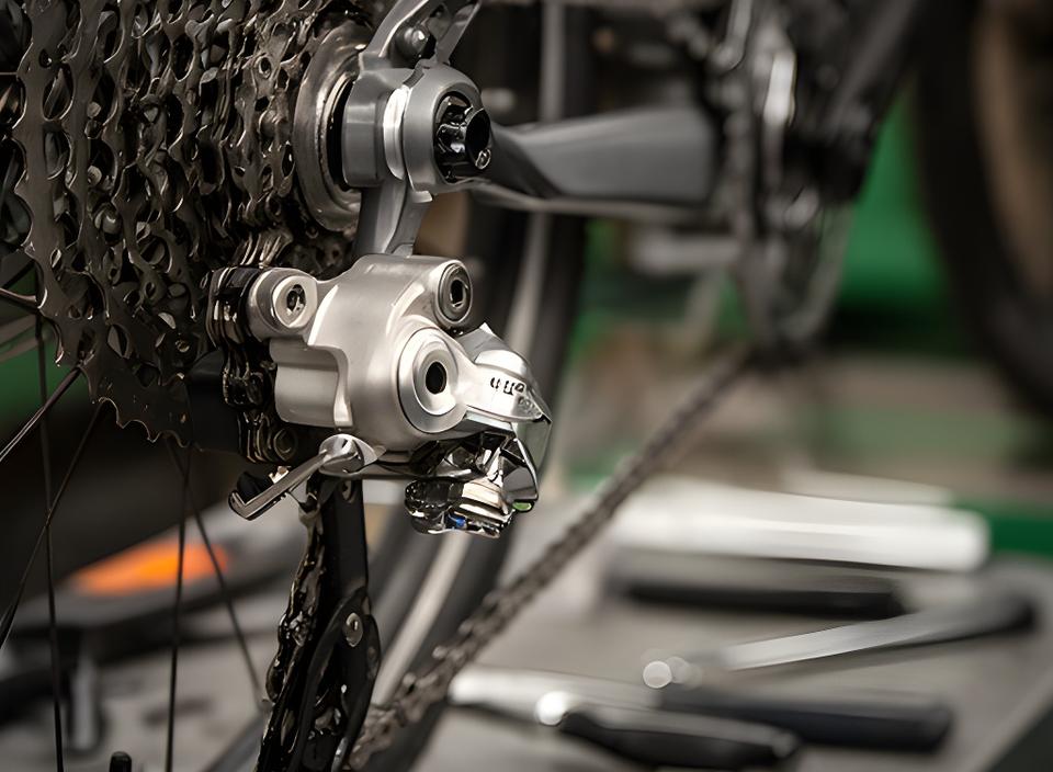Detalhe de travão e transmissão de bicicleta em bancada de manutenção com luz suave