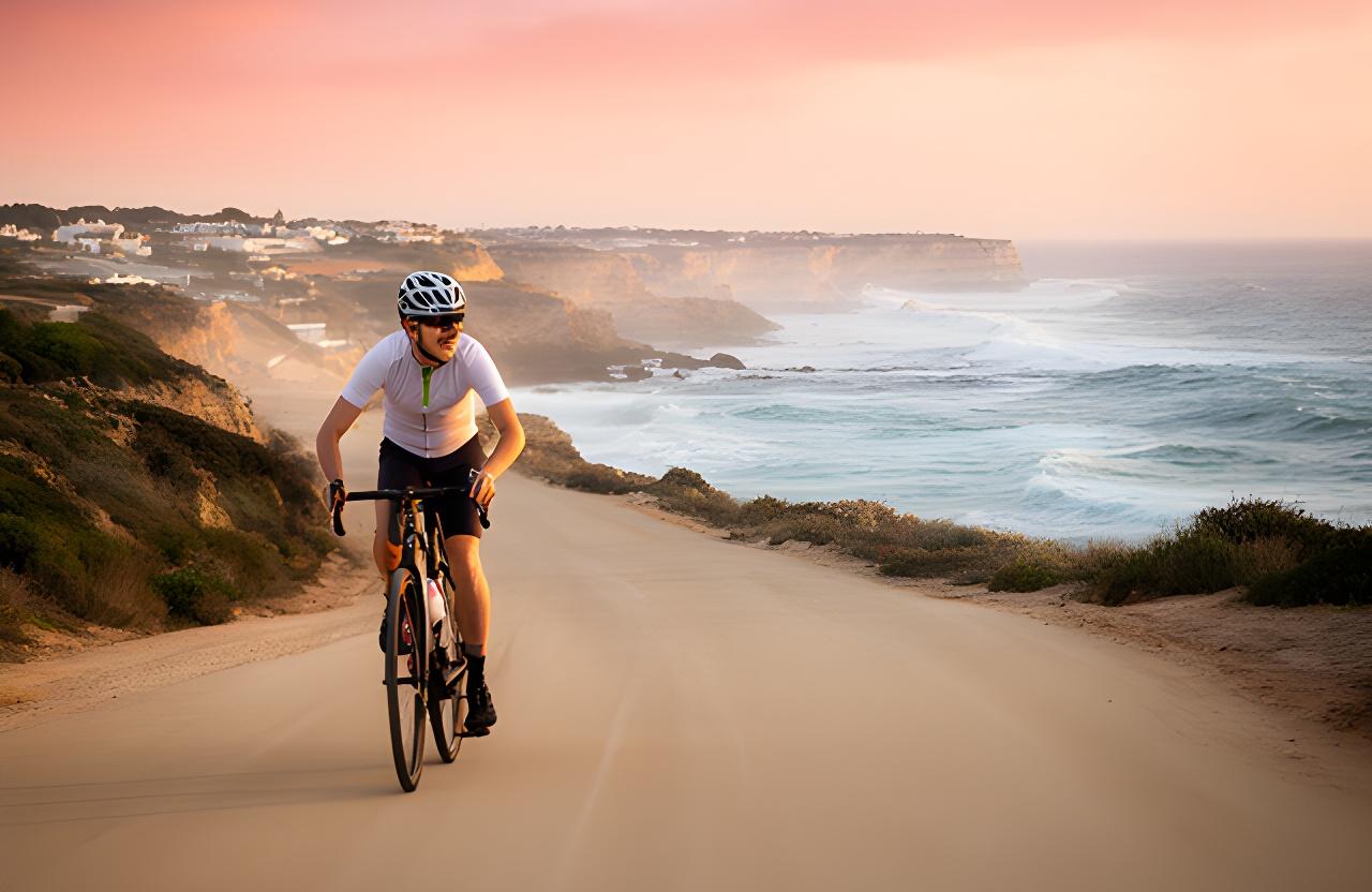 Ciclista a pedalar junto à costa do Algarve com luz dourada e estrada aberta