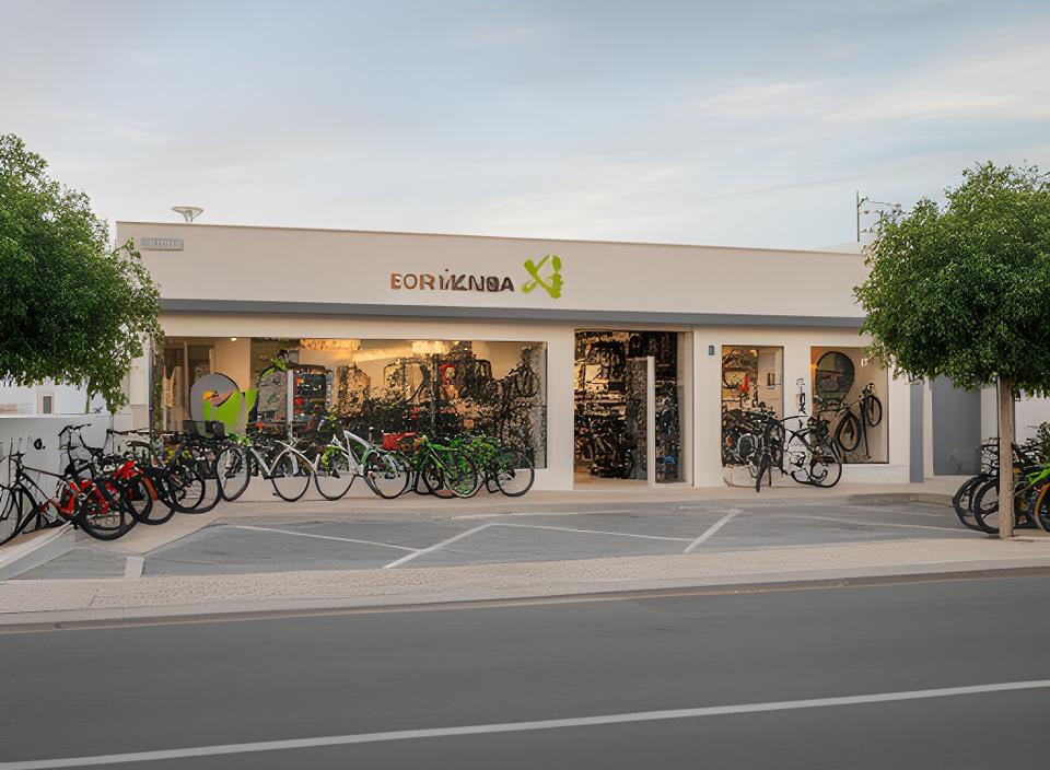 Fachada e zona exterior da loja de bicicletas em Estômbar e Parchal com estacionamento junto à estrada