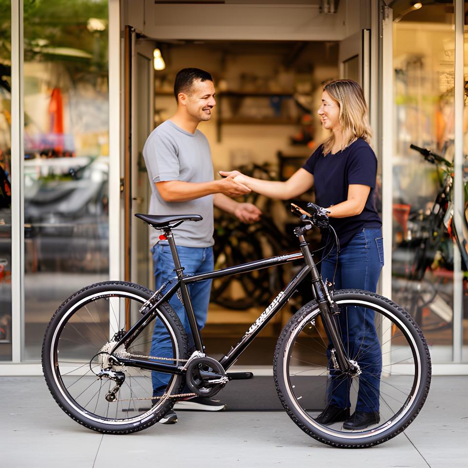Cliente a receber a bicicleta reparada à porta da oficina com um sorriso