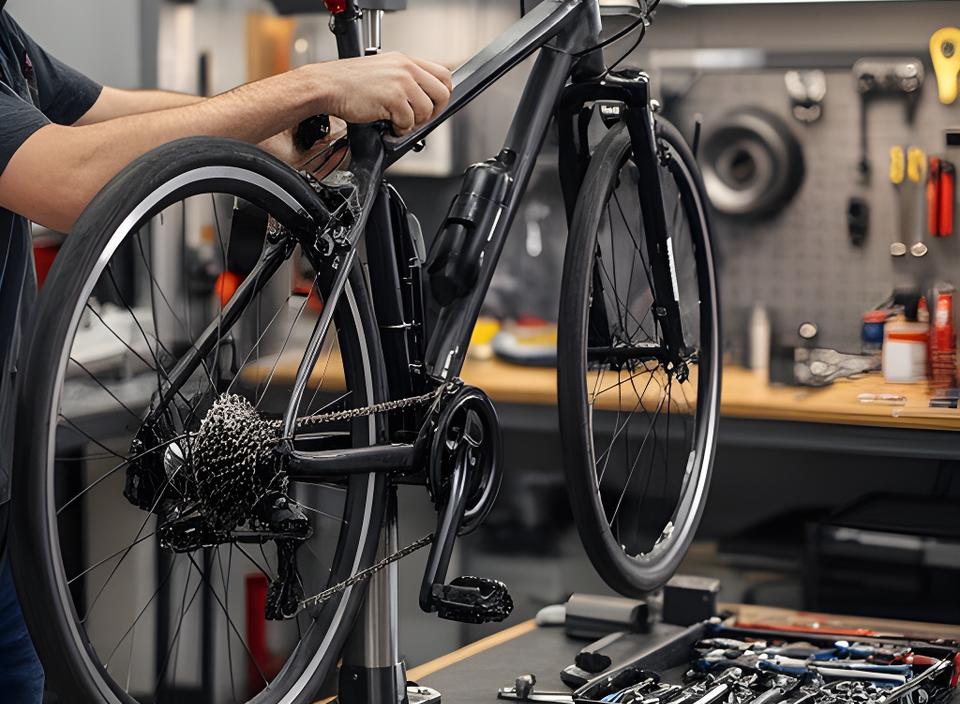 Mecânico a ajustar uma bicicleta em suporte de oficina, com ferramentas organizadas e rodas ao fundo