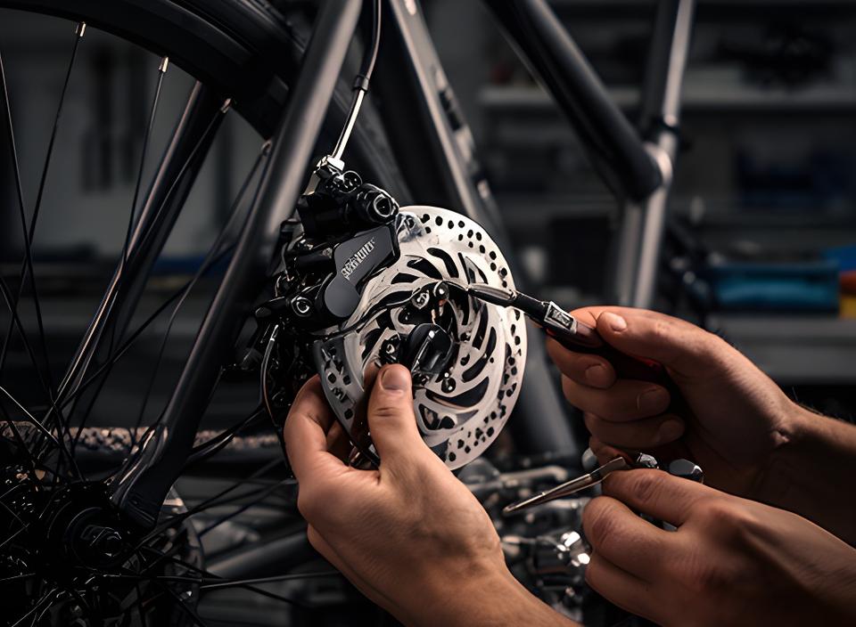 Técnico a ajustar travões de disco numa bicicleta urbana dentro da oficina
